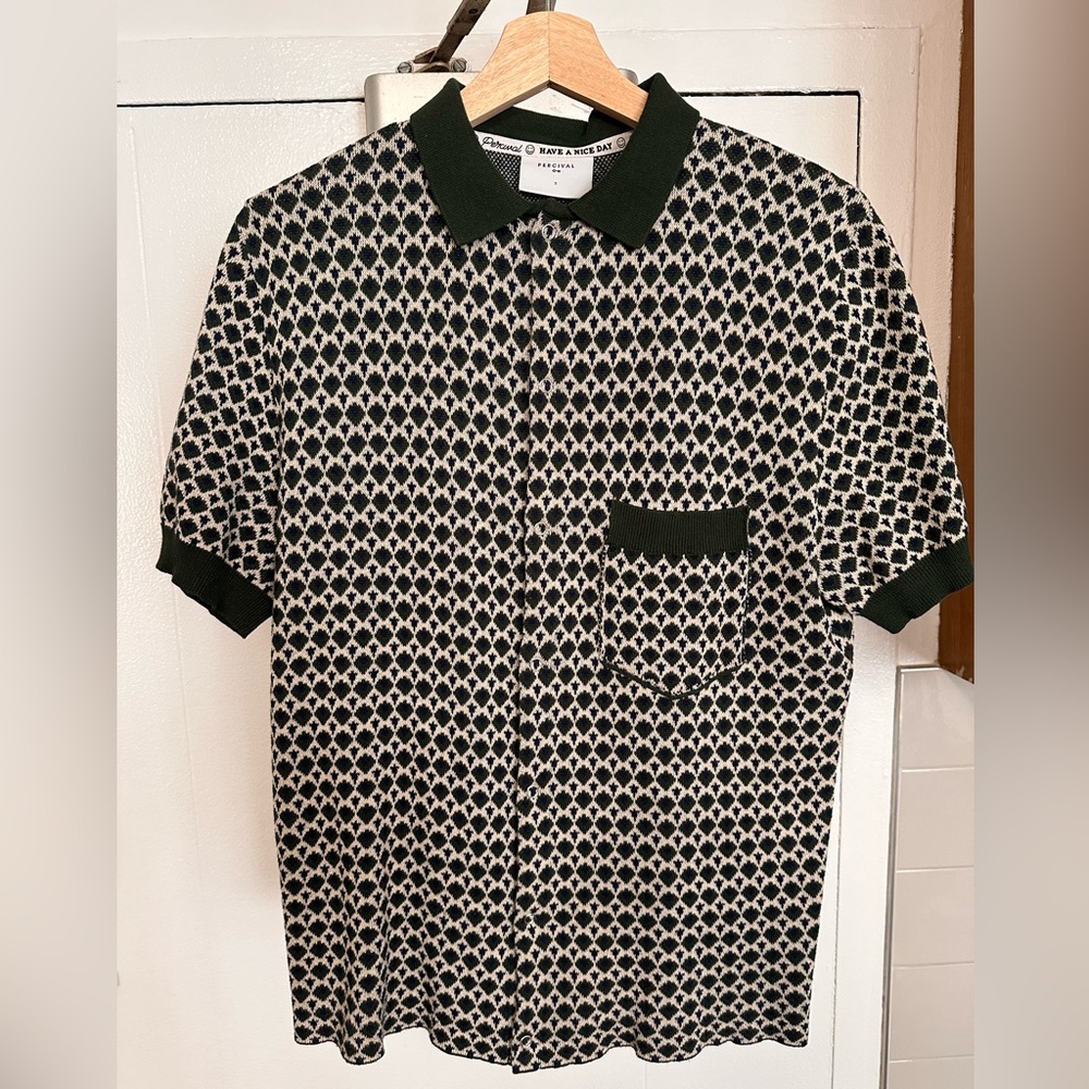 Percival Casa Piccante Shirt | Knitted Cotton Polo | Green Jacquard